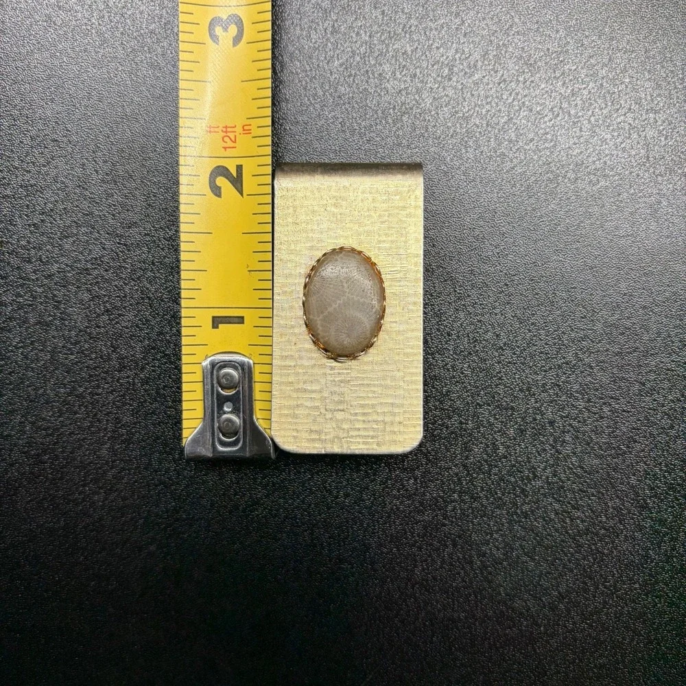 Vintage Gold tone Money clip with petoskey stone inlay Unmarked 2